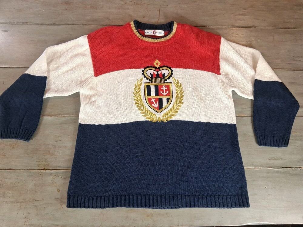 Vintage 90's Karen Scott Nautical Colorblock Crest Sweater 1X Red White & Blue
